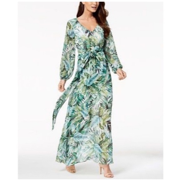 NWT Nine West Green Leaf Print Tie Waist Paradise Maxi Dress - Picture 1 of 7
